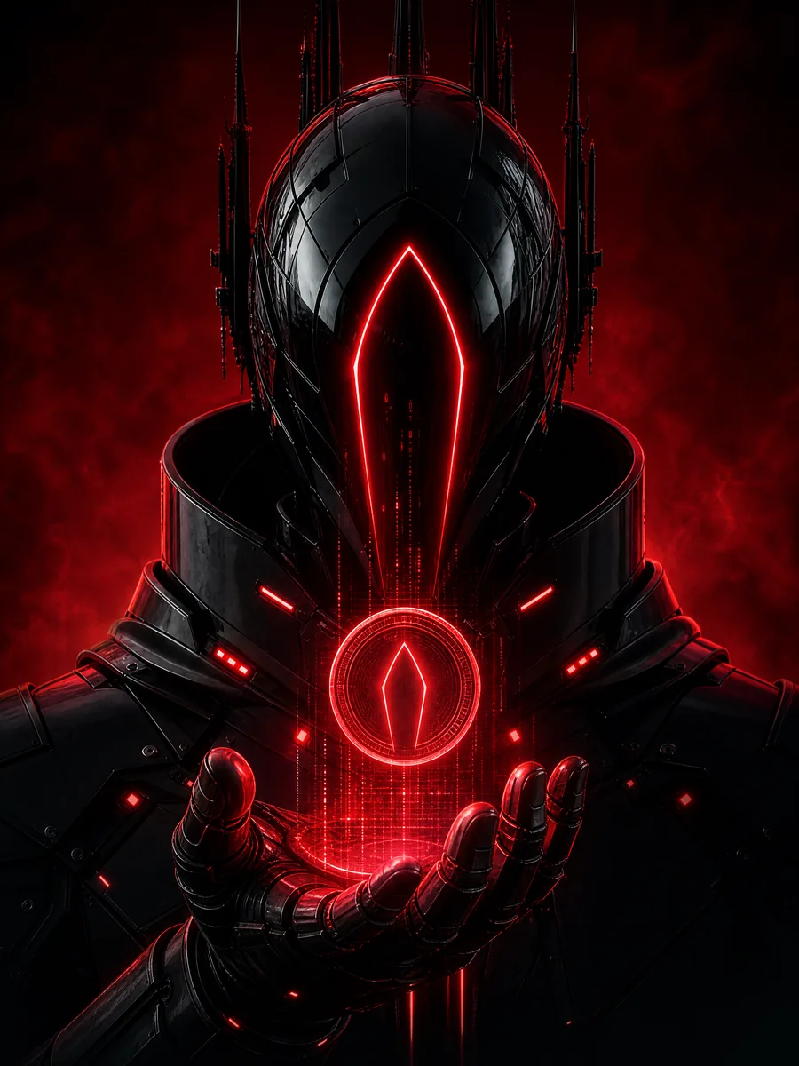 The sentinel holding a holographic coin above its palm
